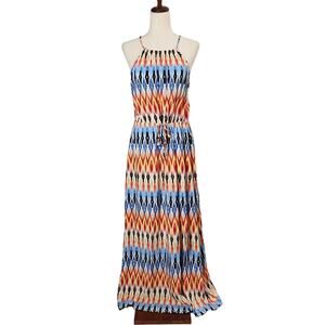Athleta Sunset Maxi Dress Ikat Multi Print Halter Neck Keyhole Women's Small